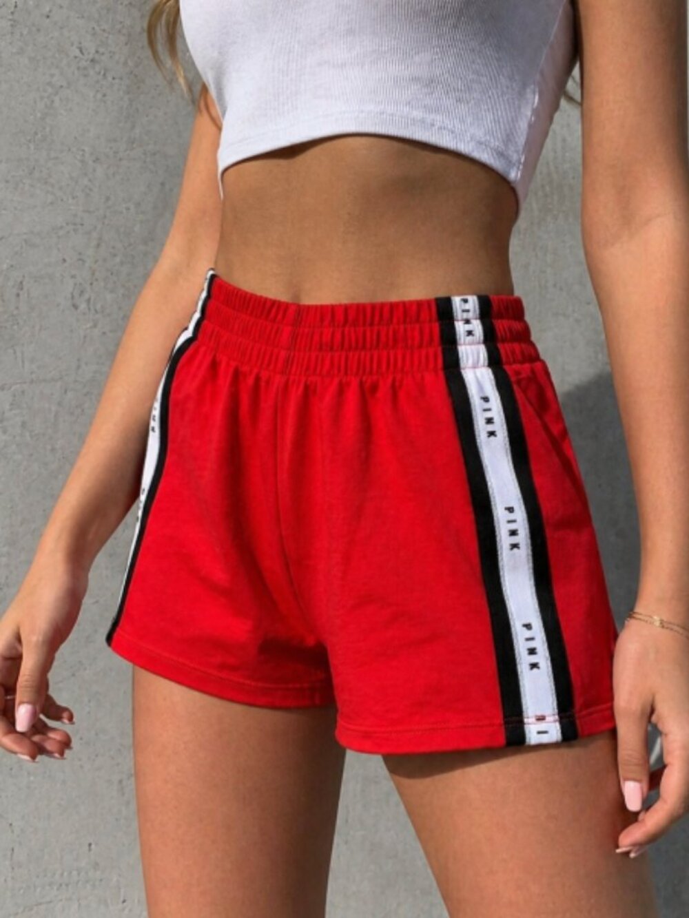 PINK Victoria’s Secret Red Athletic Shorts Women Size S Stripe Logo Sport